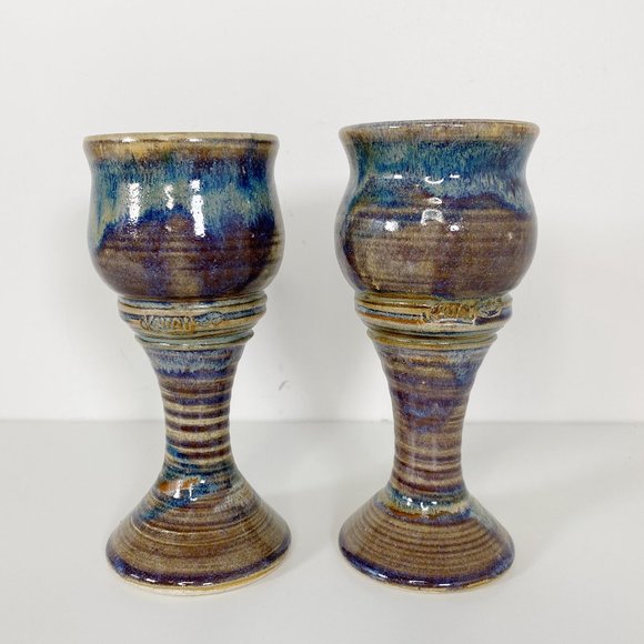 Vintage Other - Pair of Vintage Artist Signed Pottery Wine Goblets